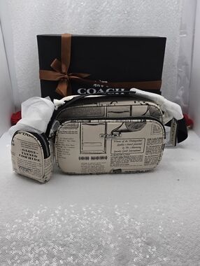 Coach Newspaper Print Mens Finlay Crossbody Refined Pebble Leather